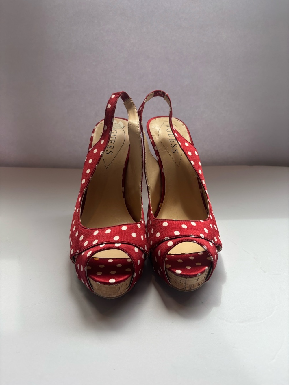 GUESS Red Polka Dot Peep-Toe Slingback Wedges